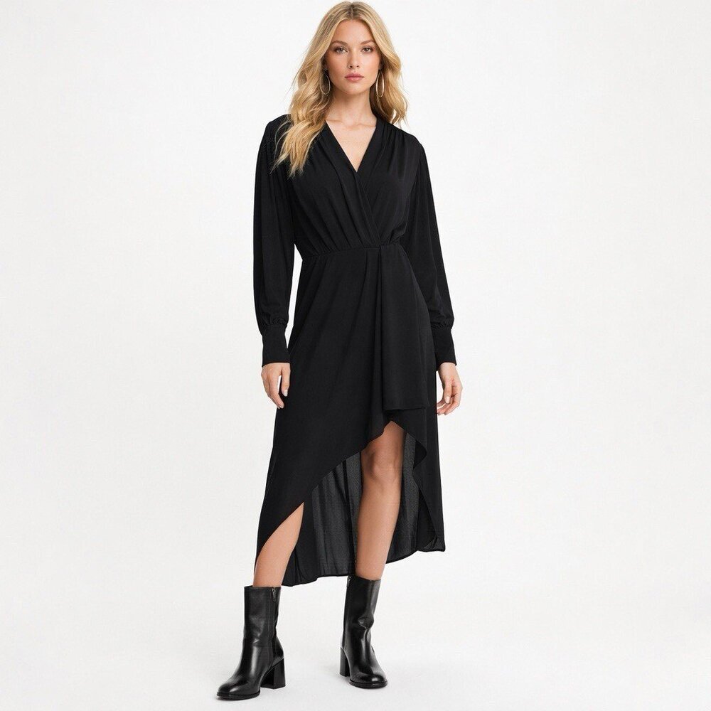 The Kooples Size Medium Plain Luxury Black Long Sleeve Midi Dress Silk Viscose